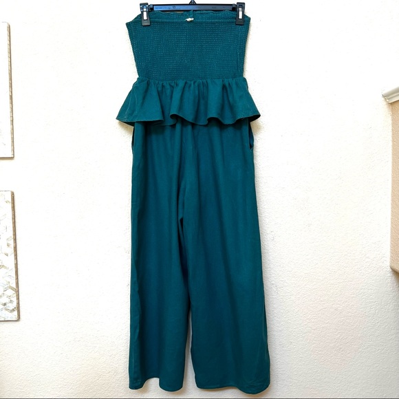 Urban Outfitters Green Strapless Ruffle Linen Jumpsuit A-22 - Picture 7 of 13